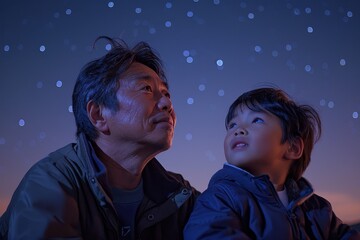 Asian dad and son having a deep conversation while stargazing on a clear night