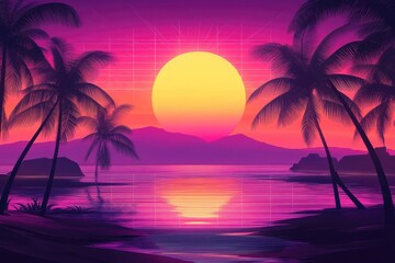 Naklejka premium Sunset Over a Tropical Beach with Palm Trees and a Retro Grid Background