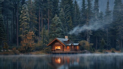 Fototapeta premium Cabin in the Misty Forest