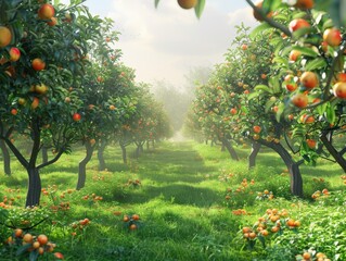 A picturesque orchard with rows of fruit trees laden with ripe fruit, bathed in warm sunlight.