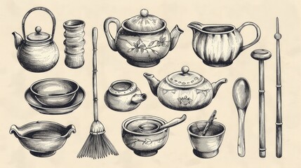 Hand drawn oriental tea ceremony utensils in a horizontal layout