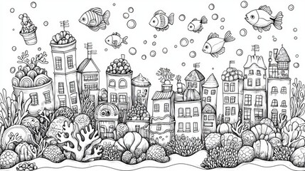 Underwater fantasy city with fish and coral coloring page for kids to explore marine life and creativity