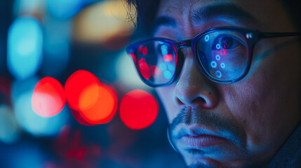 Melancholic Asian man analyzing stock market charts and data on a display, capturing the impact of financial setbacks and market downturns.