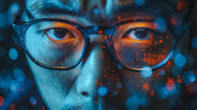 Sad Asian man staring at a display with stock exchange data and chart graphs, reflecting financial distress and market concerns.