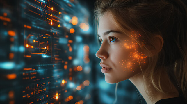 A woman is looking at a computer screen with a lot of orange and blue lights. Concept of technology and artificial intelligence, as the woman stares at the screen with a curious expression