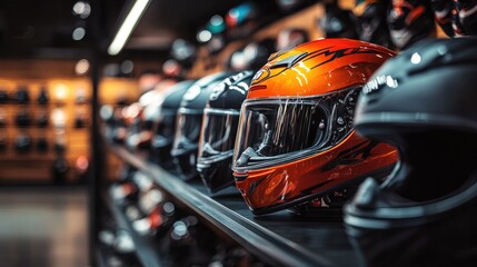 Fototapeta premium Motorbike Helmets Display in Shop: Safety Gear and Fashionable Options