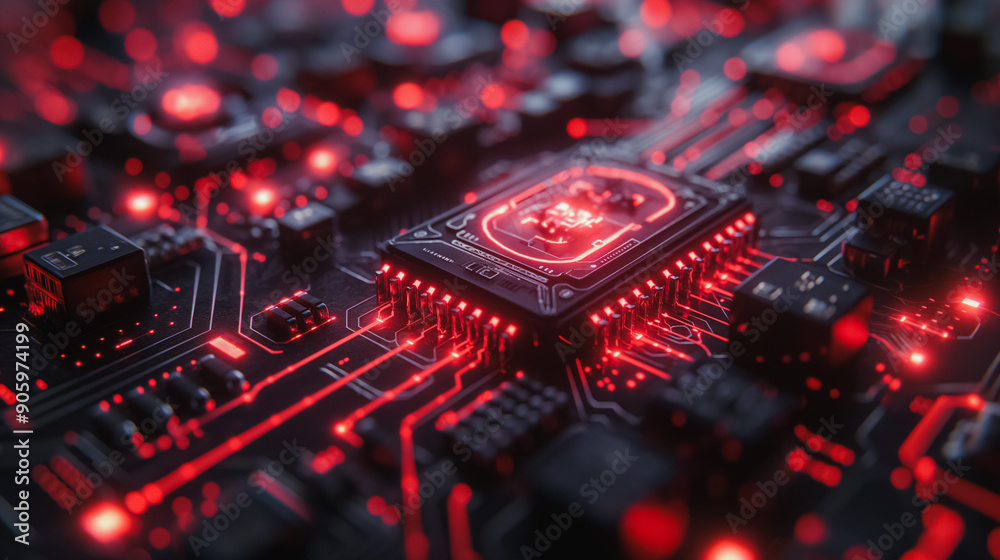 Poster a close up of a computer chip with red lights. the chip is a microprocessor and is surrounded by oth