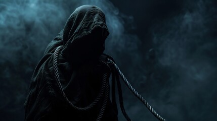 Naklejka premium Mysterious halloween grim reaper wearing black rope, horror and fantasy concept.