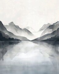 Fototapeta premium minimal watercolor landscape with a idyllic lake and mountains scenario