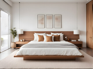 Comfortable bed with pillows in contemporary room. Interior design wall mock up. White bedroom with rug and white wall above bed. Master bedroom with wood furniture. Front view.