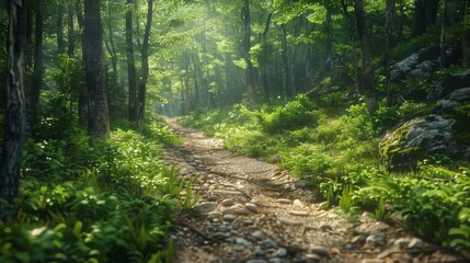 Obraz premium 3D mountain biking trail through a lush summer forest
