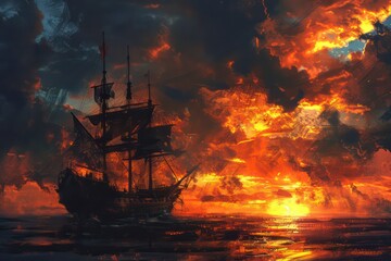 Obraz premium pirate ship illustration wallpaper