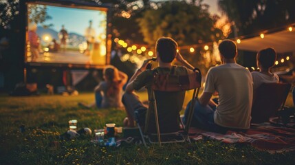 People enjoying a movie night in the park with a large projector screen