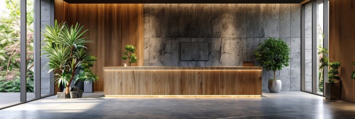 Modern Lobby with a Wooden Reception Desk, Minimalist Design, Grey Stone Walls, and Large Windows, Exuding a Businesslike Ambiance in 3D Rendering
