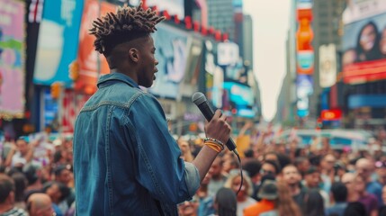 Obraz premium Empowering Youth: Inspirational Leader Speaking at Urban Rally with Cityscape Background