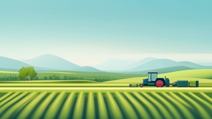 Smart farming with automated equipment, representing tech in agriculture., Flat design