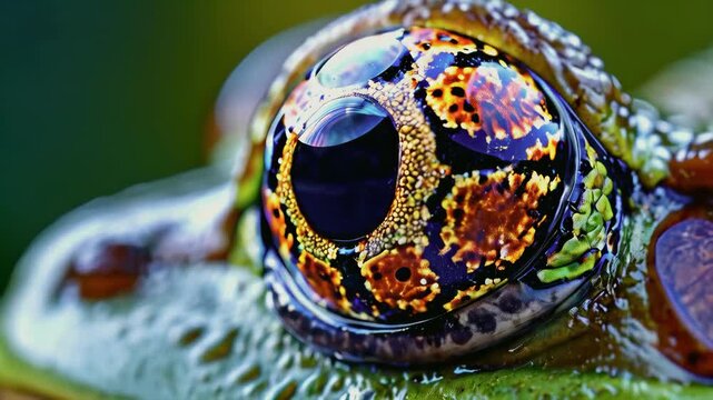 Detailed macro captures intricate patterns and colors of frog eye