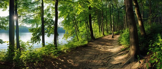 Obraz premium A serene forest path beside a calm lake during daylight. Sun rays filter through the dense green foliage creating a peaceful atmosphere.