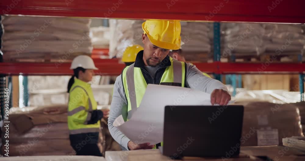 Aufkleber architect, man and laptop with blueprint at warehouse planning a building design, layout and project