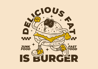 Retro mascot character illustration of jumping burger