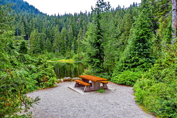Summer time. Recreation area with picnic bench and table near forest lake on Cypress Mountain. Cypress Mountain Provincial Park British Columbia, Canada