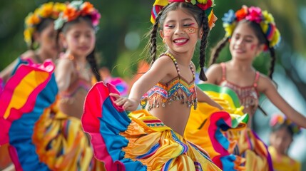 Fototapeta premium Vibrant Cultural Dance Performance by Young Artists Celebrating Heritage in Colorful Costumes