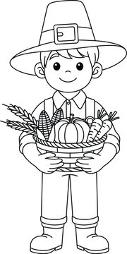 recommend clip art: The boy holding the cornucopia filled vegetables outline coloring page. Thanksgiving hand drawn colouring