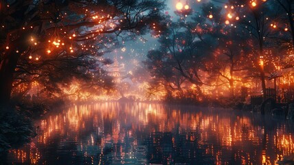 Enchanting Night Festival with Glowing Lanterns Reflecting on a Serene River Surrounded by Illuminated Trees