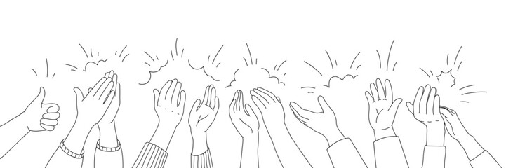 Obraz premium Applause hands set in doodle style. Human hands sketch, scribble arms raised clapping on a white background, featuring various hand positions and a thumb-up gesture silhouette, vector illustration.