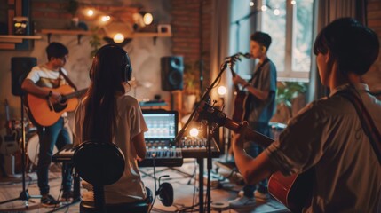Obraz premium Creative Collaboration in Music Production: Young Musicians Recording in Studio with Instruments and Sound Mixing