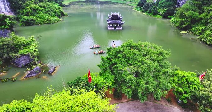 Landscape of Vu Cung at Tam Coc National Park. It was the place where the Tran Dynasty's struggle against the Nguyen Mong army took place and was also the practice place for feudal kings in Vietnam.