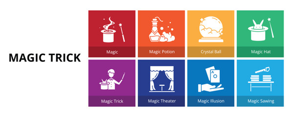 Magic Trick Glyph Solid Banner Web Icon Set Vector Illustration, Magic Potion Crystal Ball Hat Trick Theater Illusion Sawing