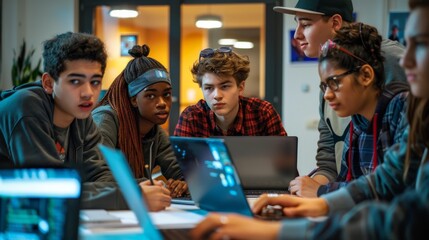 Creative Collaboration: Young Adults in a Tech Hackathon Brainstorming Innovative Solutions with Laptops