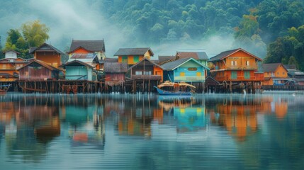 Naklejka premium Colorful Houses on Stilts Reflecting on Calm Water