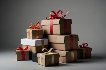 Obraz premium Minimalist studio-style photograph featuring a stack of neatly wrapped gift boxes with colorful ribbons, creating a clean and elegant presentation.
