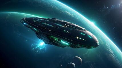 Obraz premium sleek, glowing spaceship orbiting a vibrant, blue-green planet, with the vast starry galaxy in the background