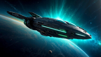 Obraz premium sleek, glowing spaceship orbiting a vibrant, blue-green planet, with the vast starry galaxy in the background