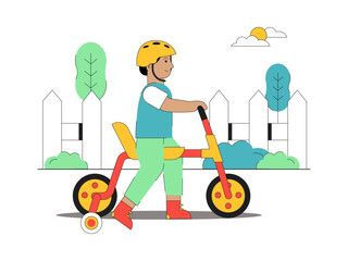 Child learn to ride a bike. Biking vector illustration