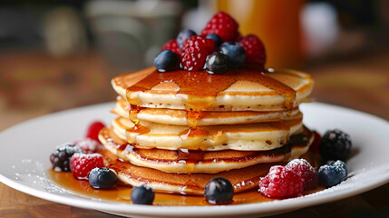 Stack of fluffy pancakes with maple syrup and berries