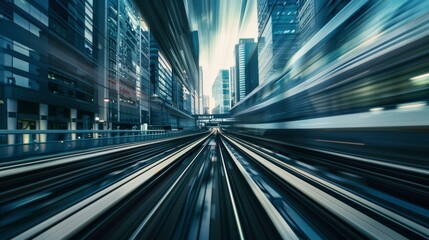 Fototapeta premium Abstract image of a train speeding through a city, creating a sense of movement and energy.