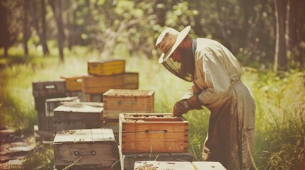 Beekeeper in a white suit and hat tending to beehives in a field.