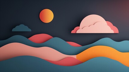 Paper Waves Sunset: A vibrant papercraft seascape with layered waves beneath a setting sun, evoking a sense of tranquility and artistic charm. 