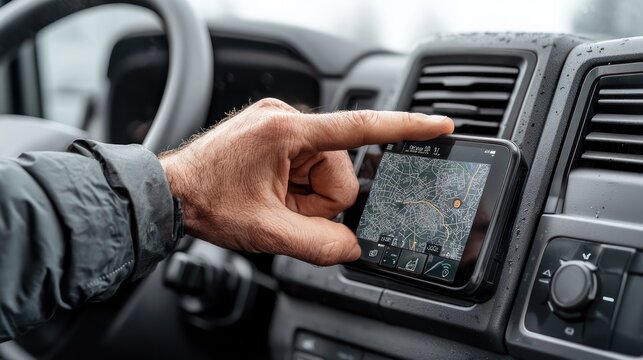 Professional truck driver using GPS navigation system while on the road, Generative Ai