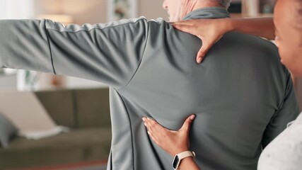 Senior, man and stretching with nurse in retirement home for fitness routine, activity and rehabilitation. Old person, caregiver and physical therapy for strength training and massage for support.