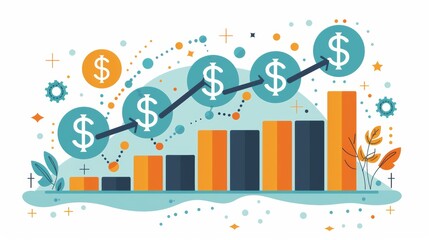 Fototapeta premium Cartoon vector financial growth chart with dollar symbols