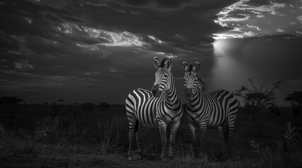Fototapeta premium Two zebras stand in tall grass against a dramatic, stormy sky.