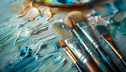 Obraz premium Paint Brushes Rest on Vibrant Palette, Ready for Artistic Expression