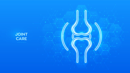 Joint icon. Joint health. Joint pain, inflammation, damage, arthritis treatment. Physiotherapy, Diagnostics concept. Molecular structure. Blue medical background with hexagons. Vector illustration.