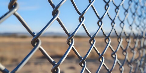 Fototapeta premium Chain Link Fence Creates Blurred Background of Blue Sky and Desert Landscape