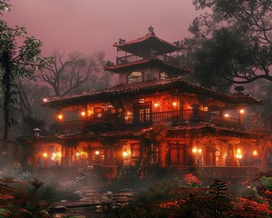 Enchanting Red-Mist Evening at a Traditional Japanese Pagoda Illuminated by Lanterns Surrounded by Lush Green Garden and Serene Atmosphere